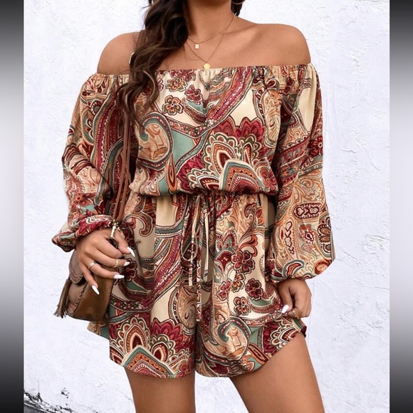Boho Paisley Print Off the Shoulder Belted Romper - Picture 3 of 5